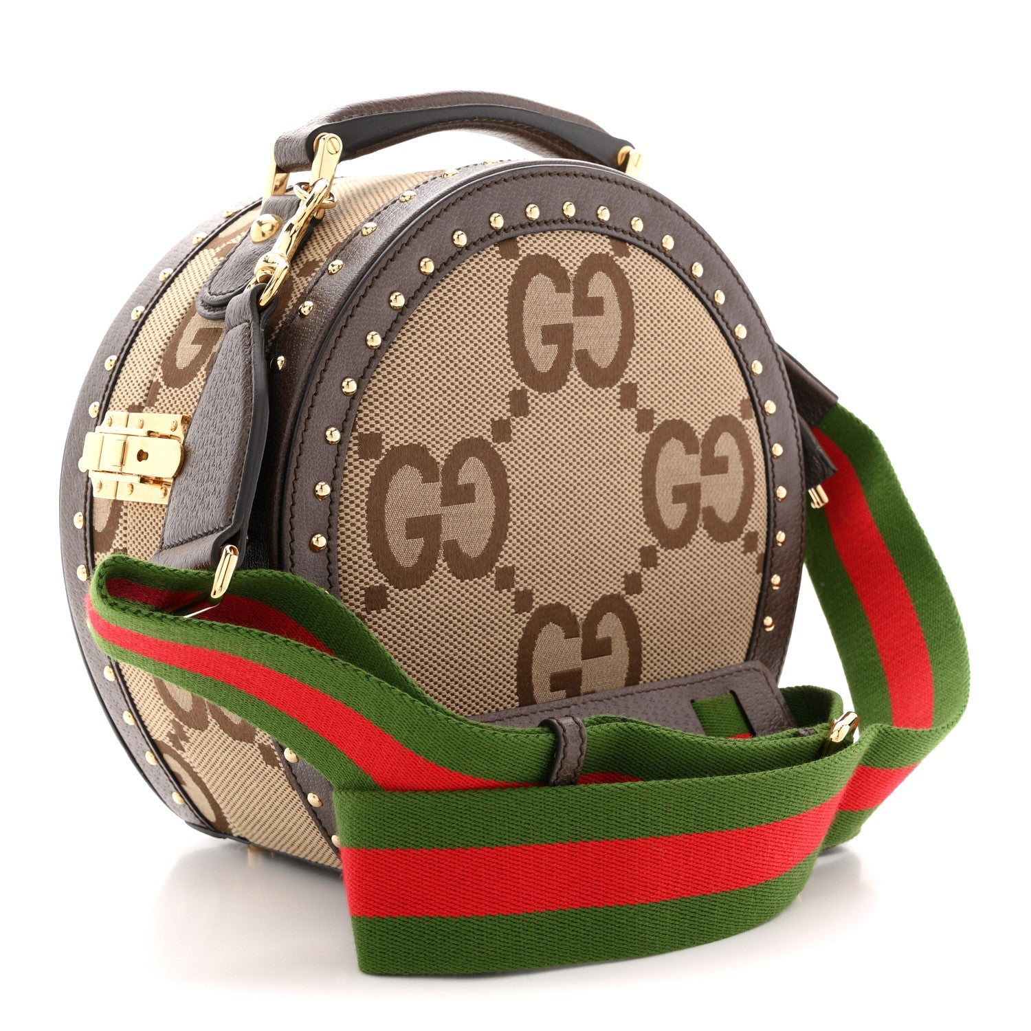 Monogram Jumbo GG Textured Dollar Calfskin Web Mini Savoy Hat Box Camel Ebony New Acero