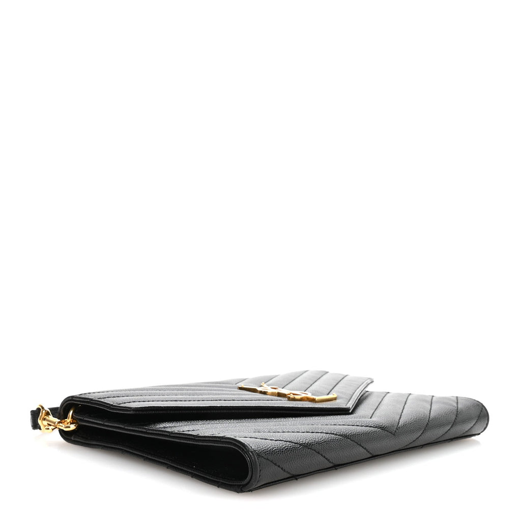 Grain De Poudre Matelasse Chevron Monogram Envelope Clutch Black
