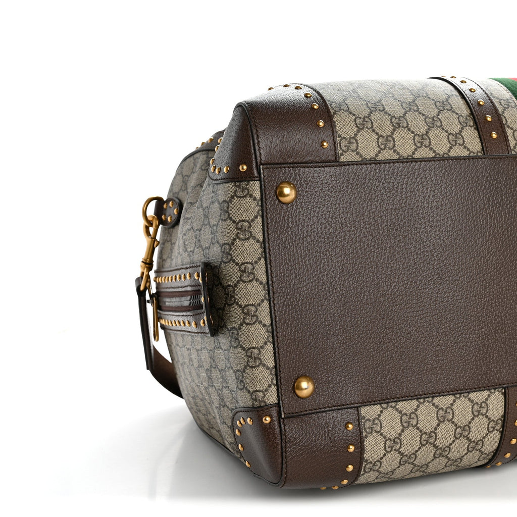 GG Supreme Monogram Textured Dollar Calfskin Web Studded Large Savoy Duffle Bag Beige Ebony