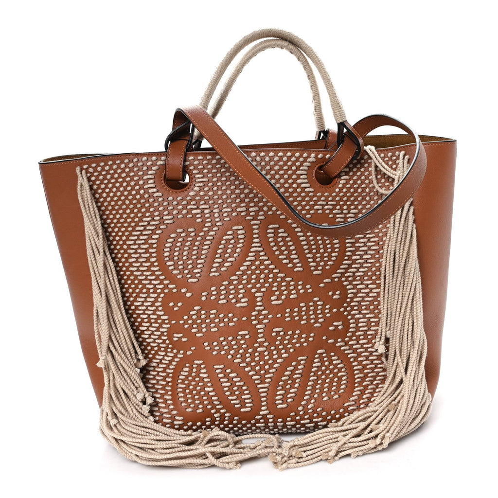 Smooth Calfskin Anagram Fringe Tote Tan