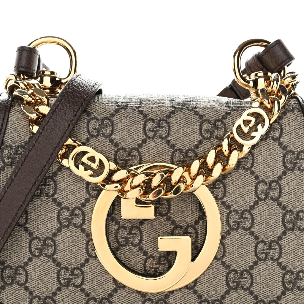 GG Supreme Monogram Textured Dollar Calfskin Mini Blondie Chain Shoulder Flap Bag Beige Ebony New Acero