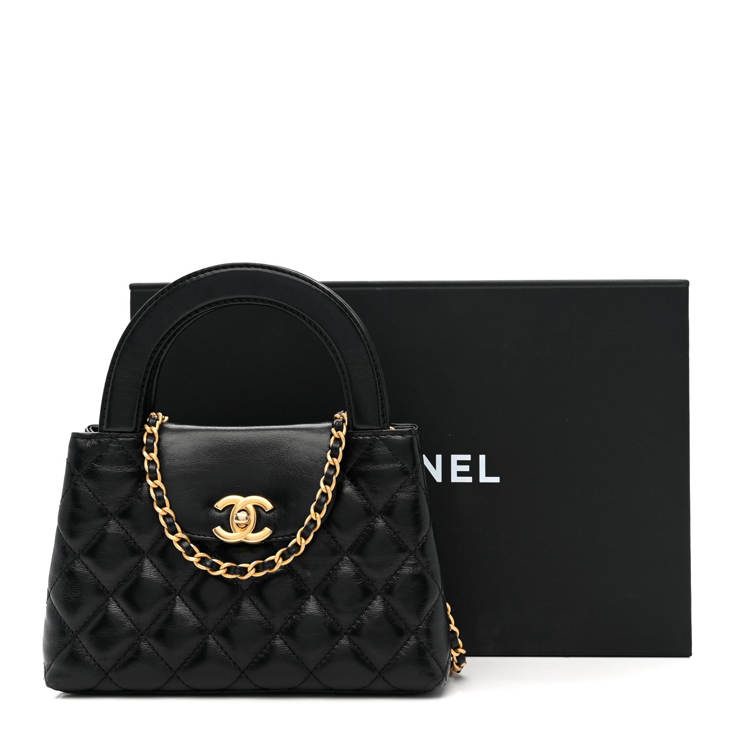 Shiny Aged Calfskin Quilted Nano Kelly Shopper Black