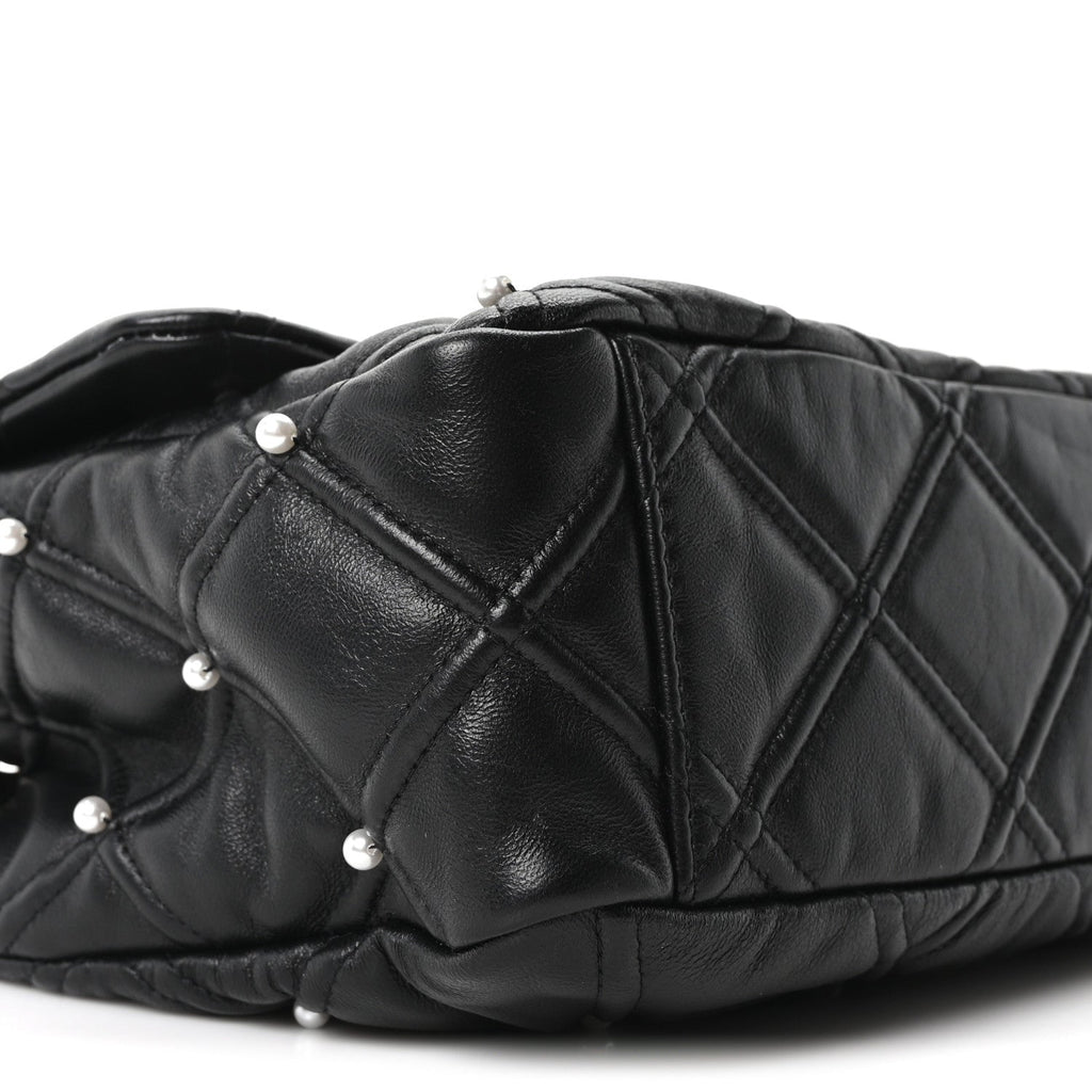 Lambskin Quilted Pearl Studded Flap Black