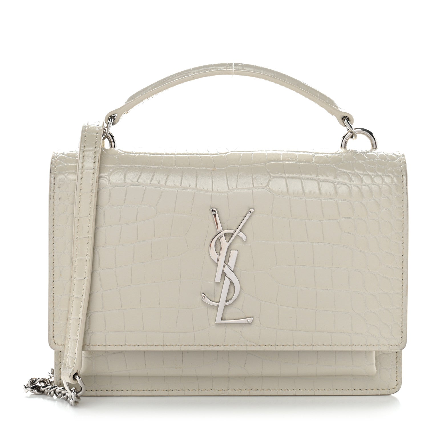 Calfskin Crocodile Embossed Monogram Sunset Chain Wallet Blanc Vintage