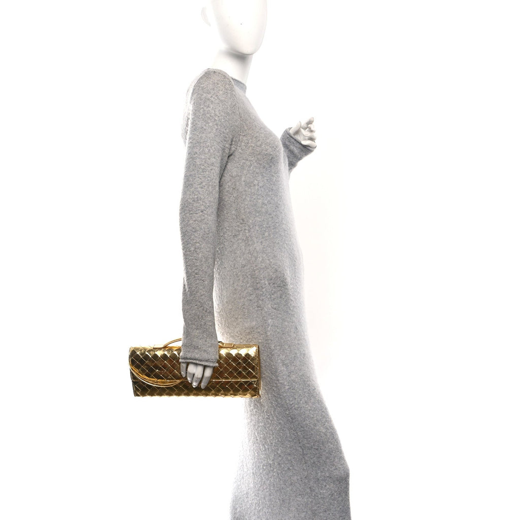Metallic Lambskin Intrecciato Long Andiamo Top Handle Clutch Gold