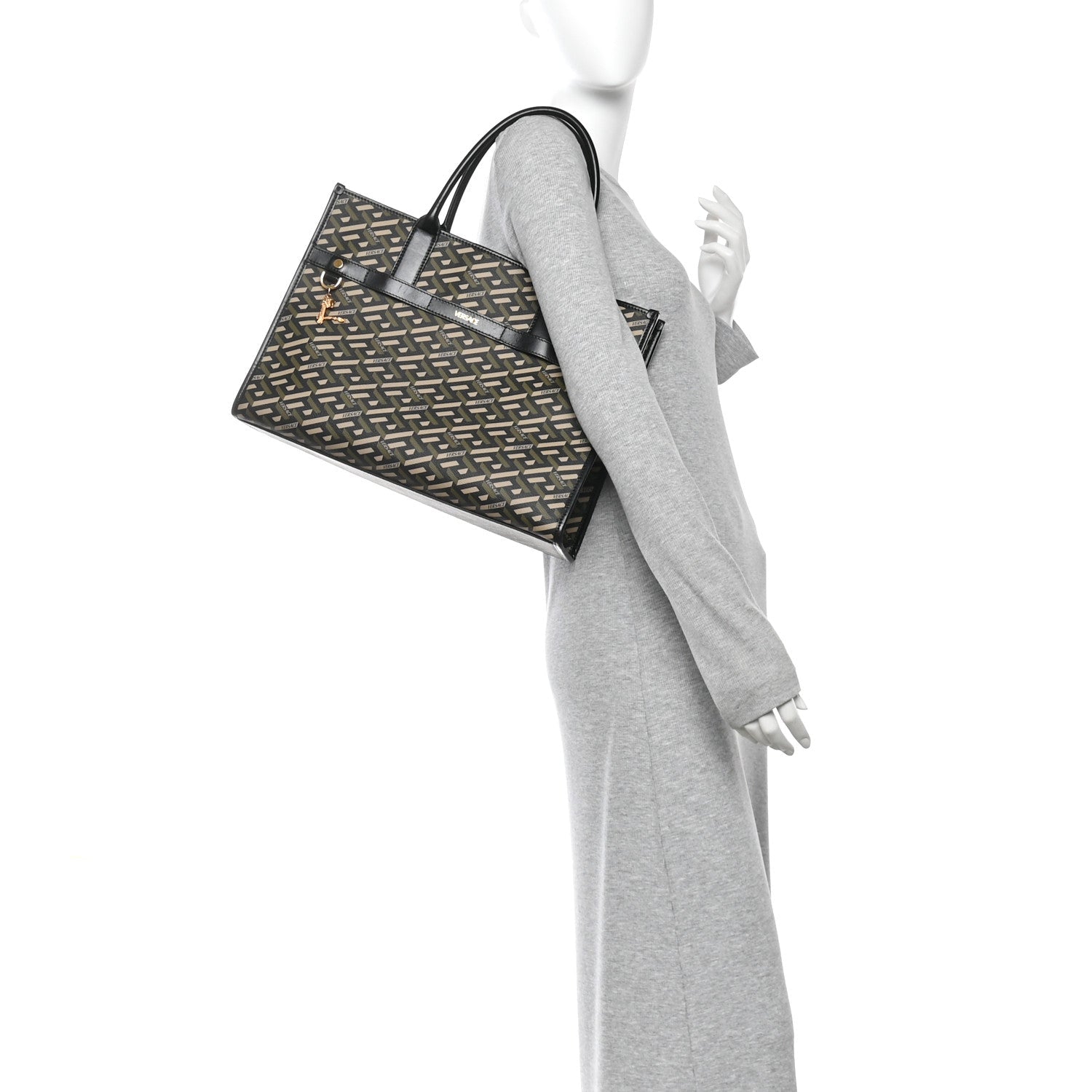 Coated Canvas Calfskin La Greca Signature Tote Bag Black Khaki