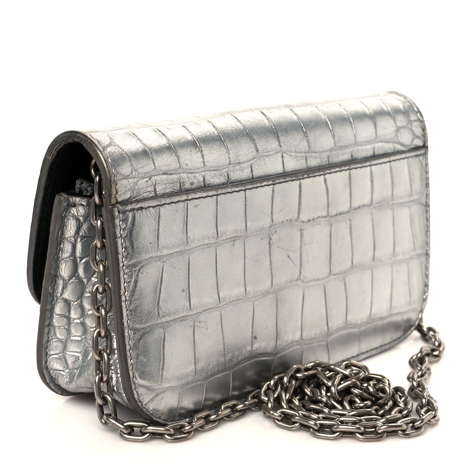Metallic Extra Supple Calfskin Crocodile Embossed Gossip Wallet On Chain Silver