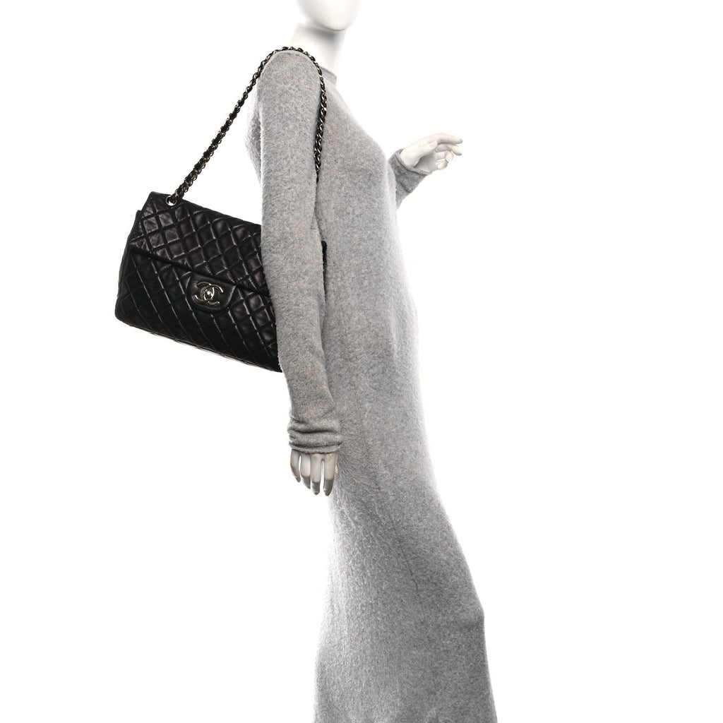 Washed Lambskin Quilted Maxi Single Flap Black
