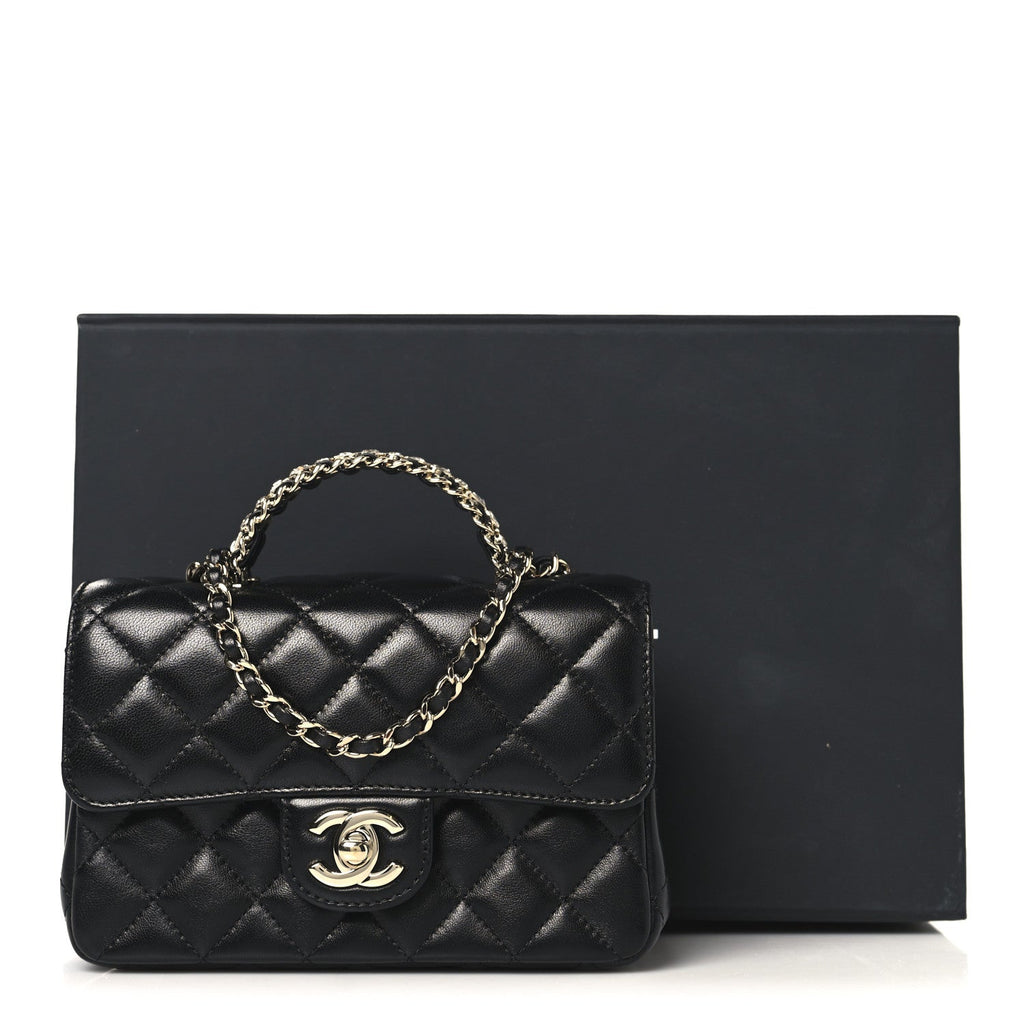 Lambskin Quilted Mini Crystal Top Handle Rectangular Flap Black