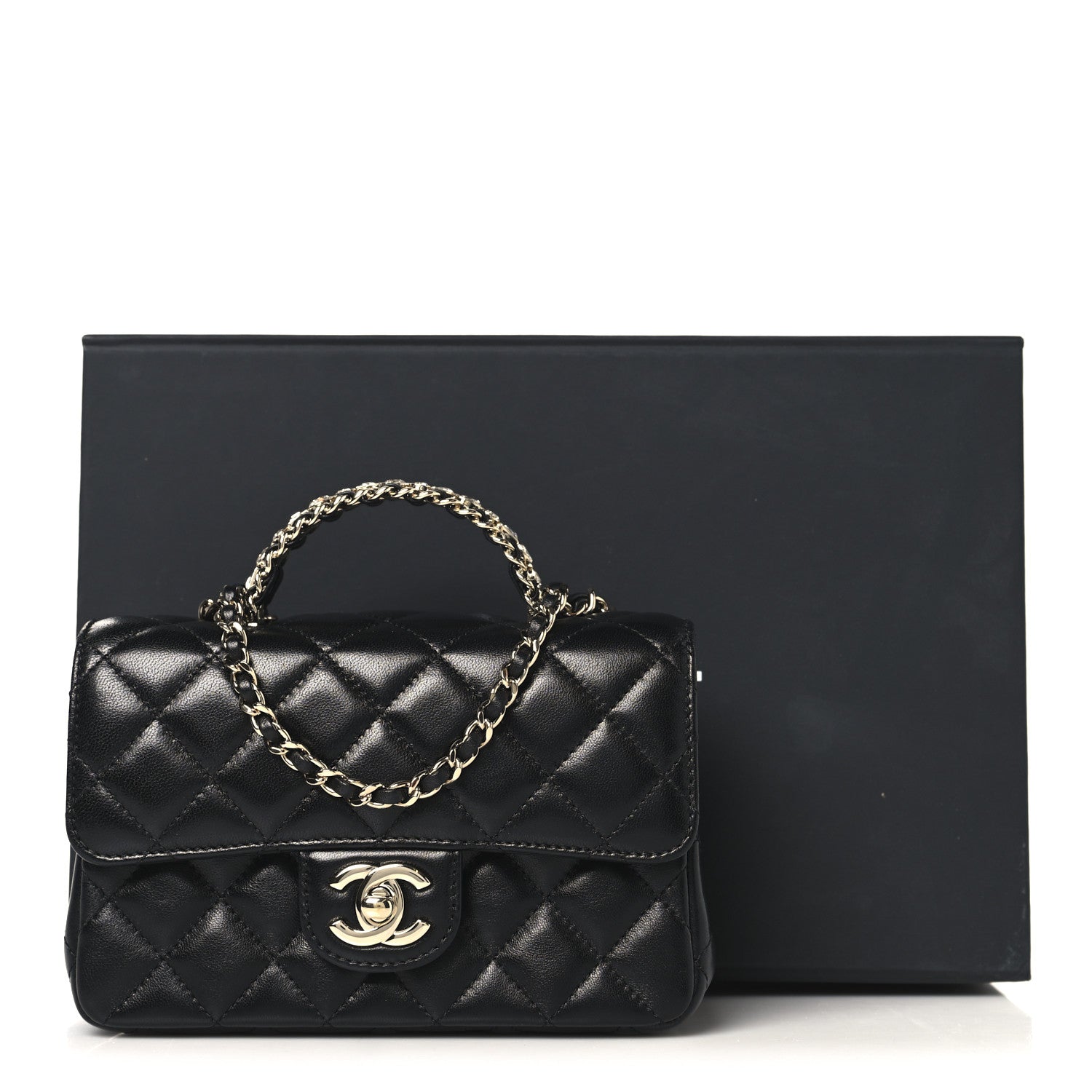 Lambskin Quilted Mini Crystal Top Handle Rectangular Flap Black