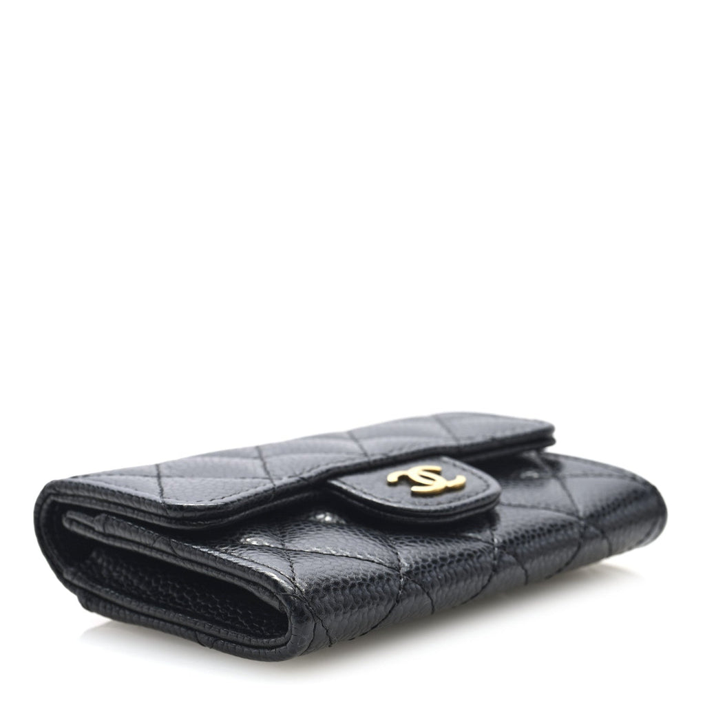 Caviar Quilted Flap  Holder Wallet Black
