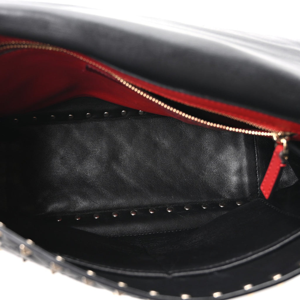 Craquele Nappa Large Rockstud Spike Shoulder Bag Black