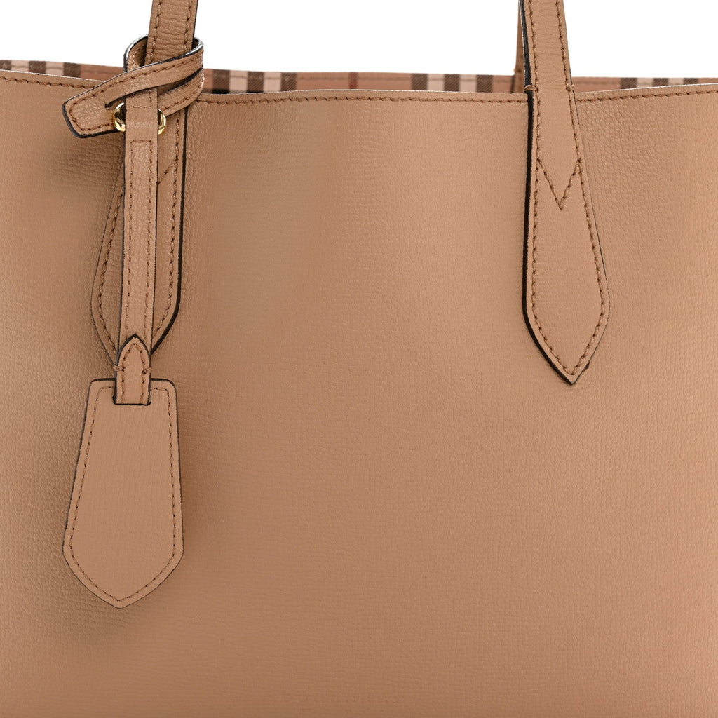 Grainy Calfskin Haymarket Check Small Reversible Tote Mid Camel