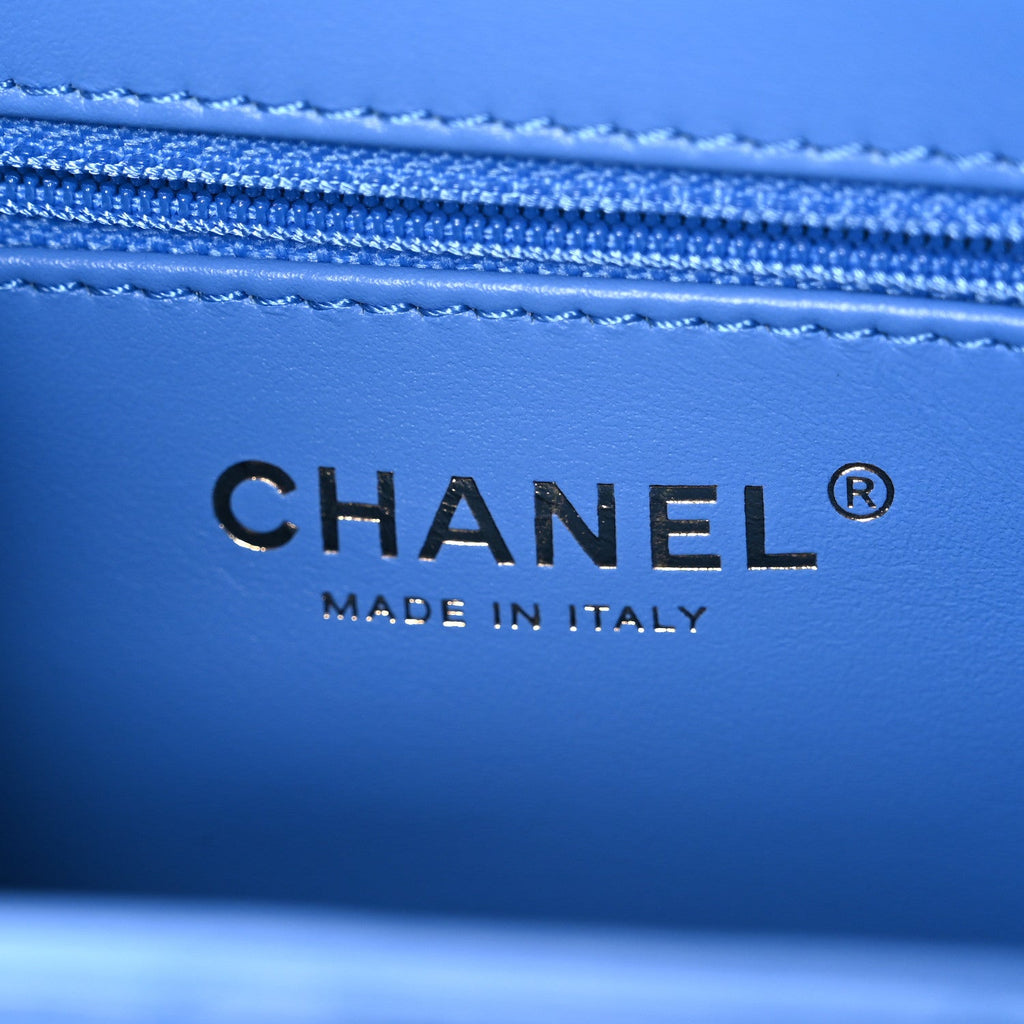 Shiny Aged Calfskin Quilted Nano Kelly Shopper Blue