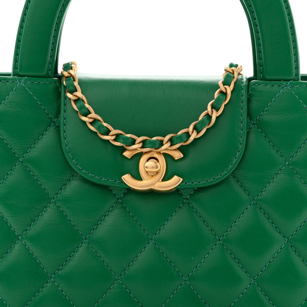 Shiny Aged Calfskin Quilted Nano Kelly Shopper Green