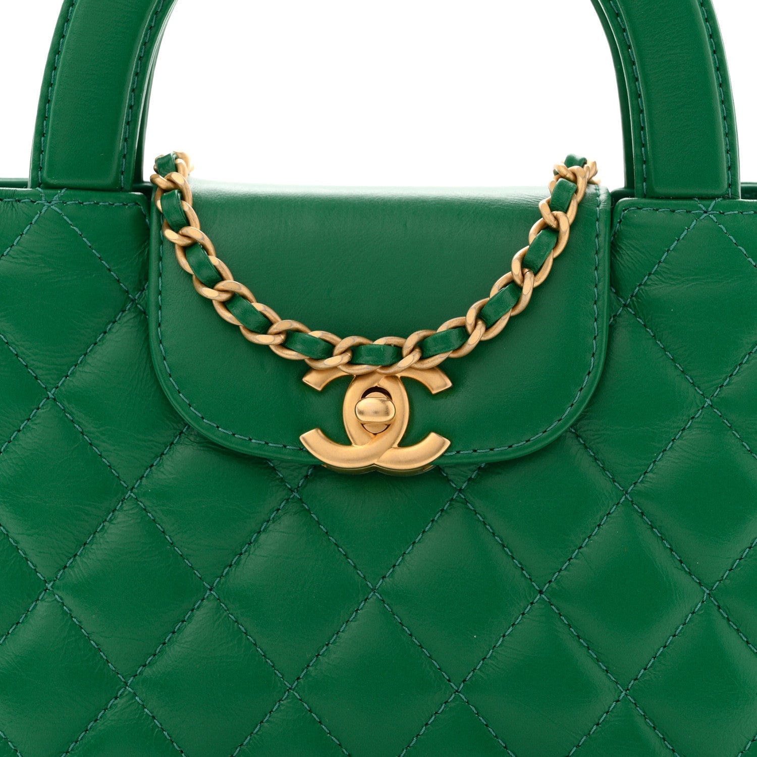 Shiny Aged Calfskin Quilted Nano Kelly Shopper Green