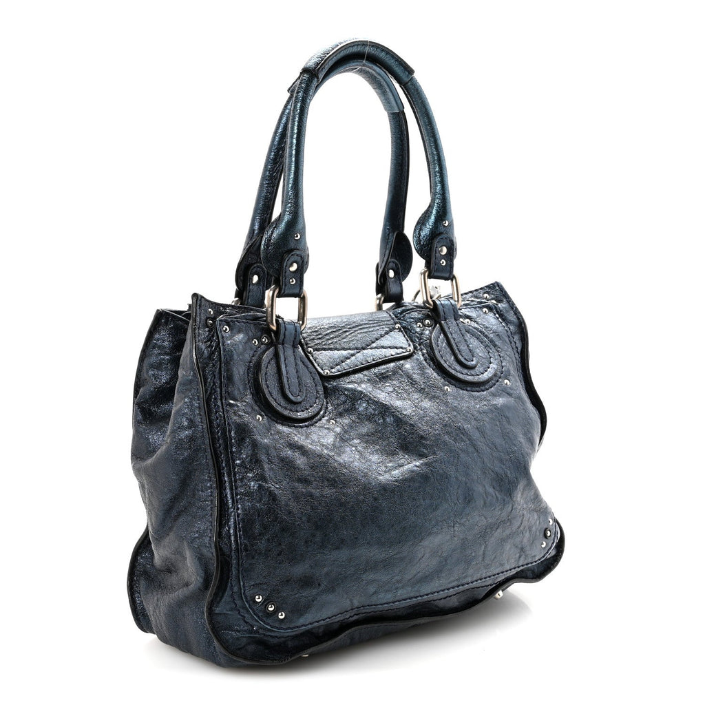 Metallic Calfskin Large Paddington Tote Blue