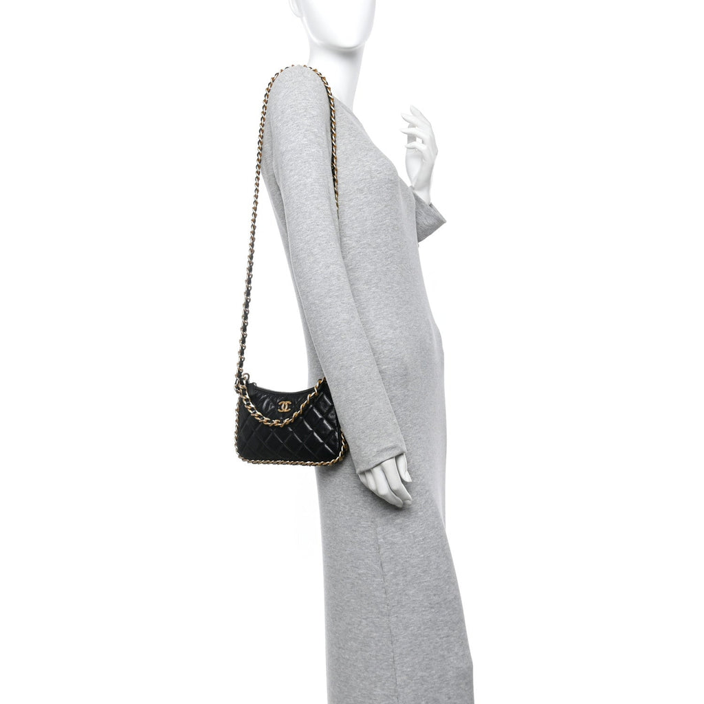 Lambskin Quilted Chain Around Top Handle Mini Bag Black