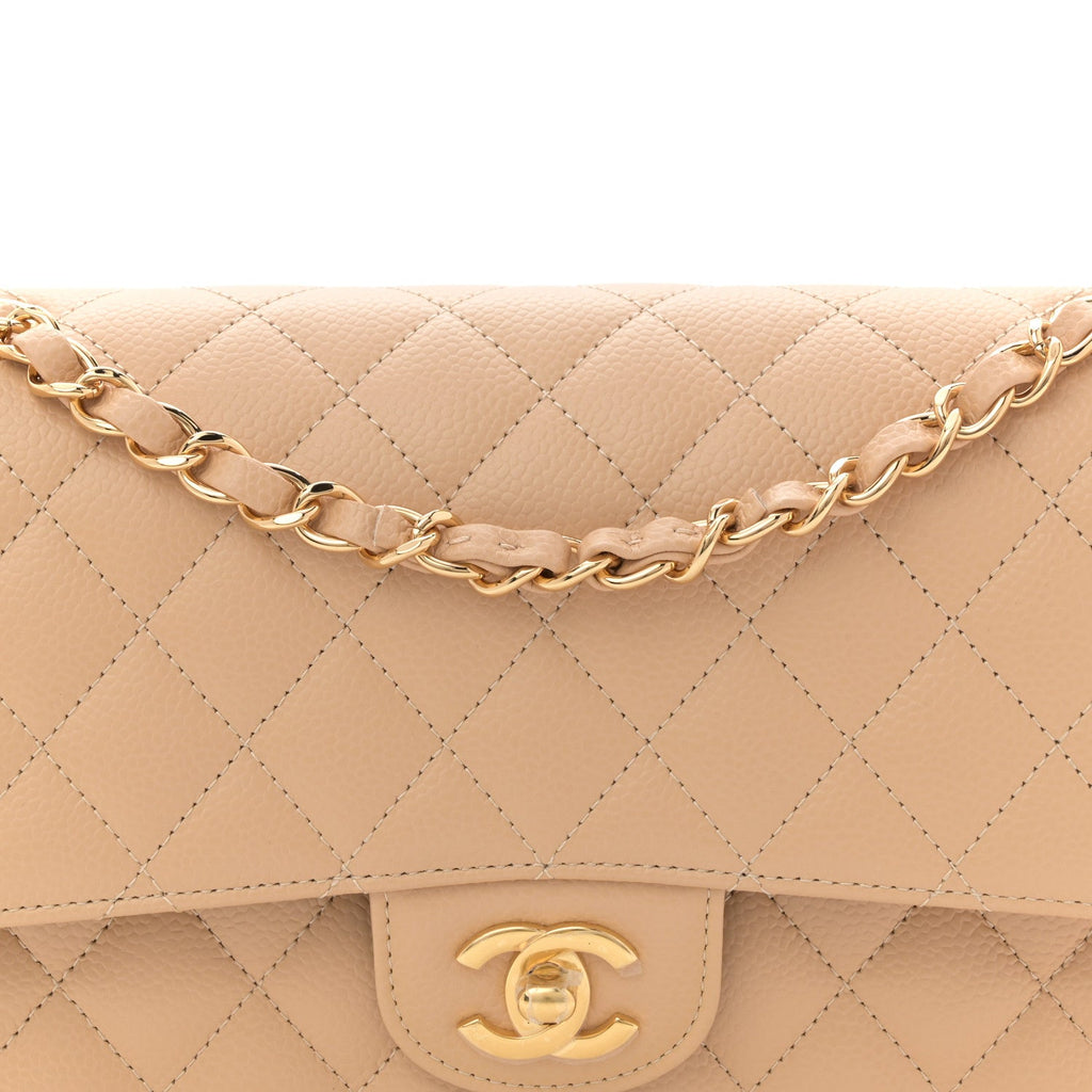 Caviar Quilted Medium Double Flap Beige