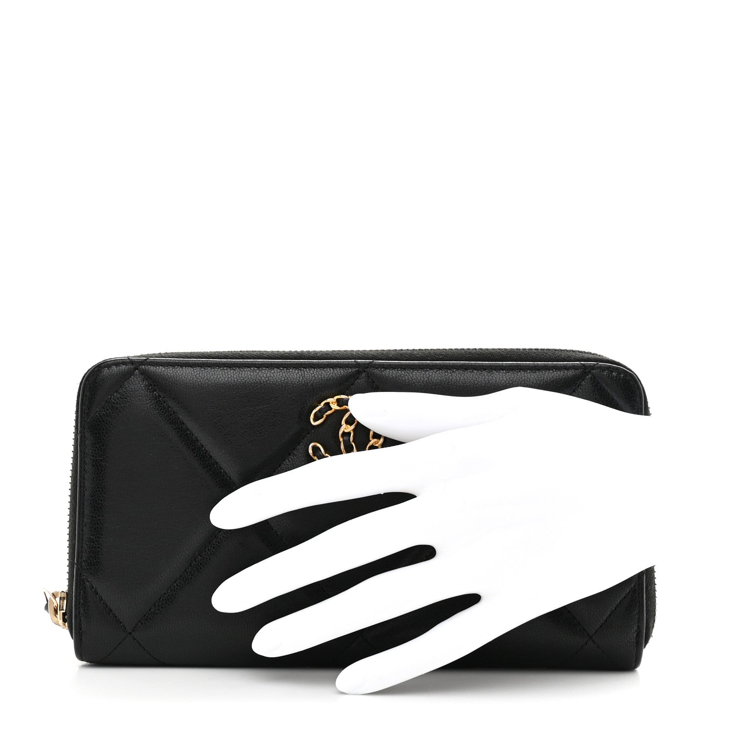 Shiny Goatskin Quilted Chanel 19 Long Zipped Around Wallet Black