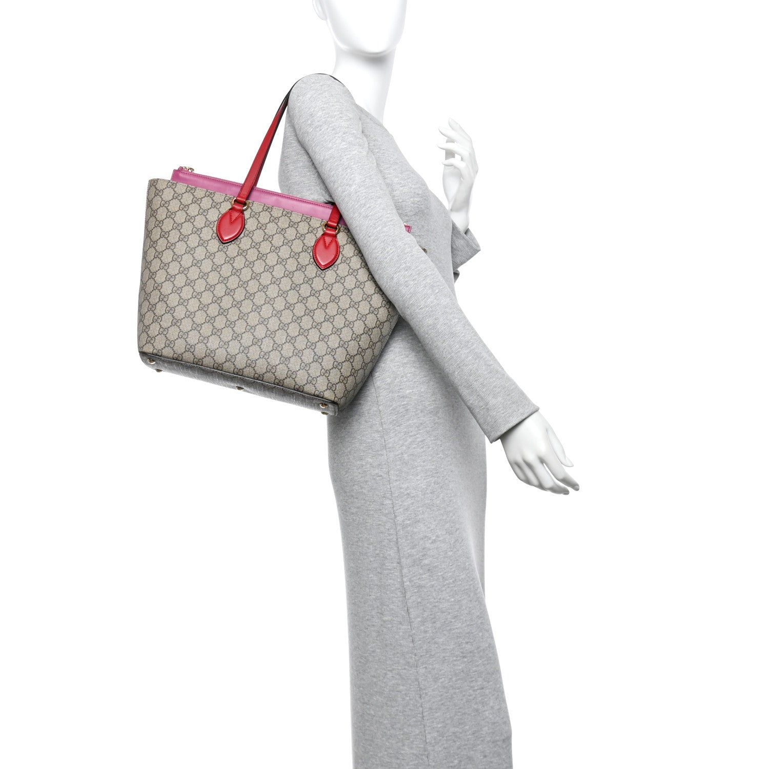 GG Supreme Monogram Medium Zippered Bucket Tote Beige Hibiscus Red New Rosette