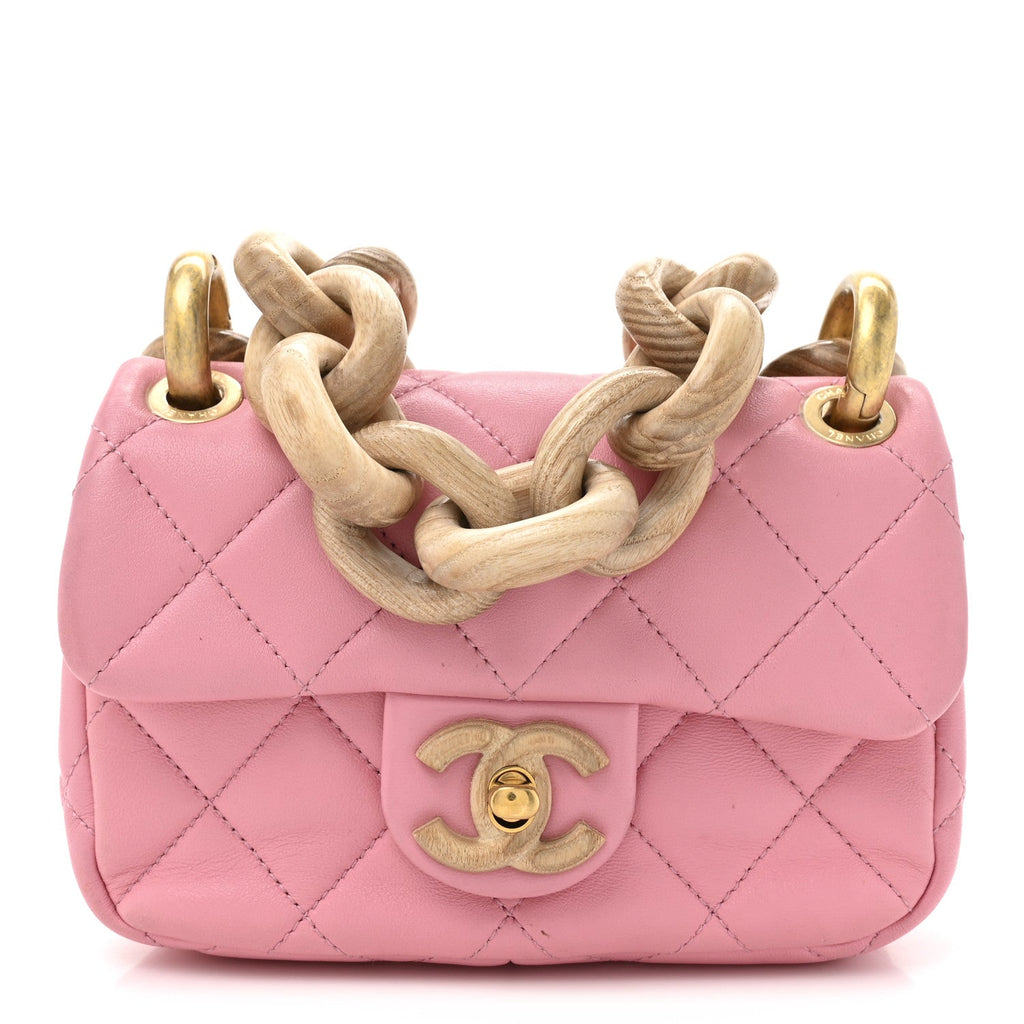 Lambskin Wenge Quilted Mini Fashion Wood Square Flap Pink