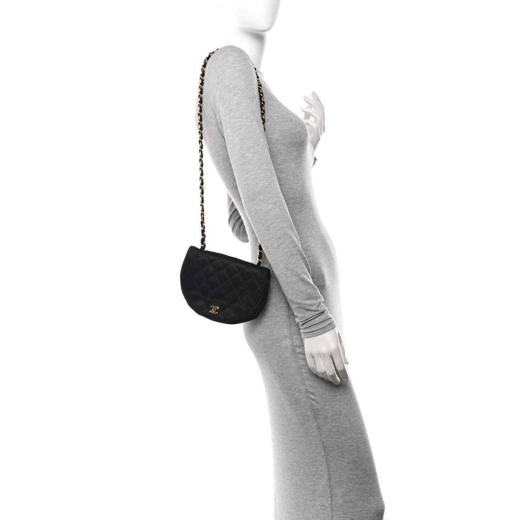 Satin Quilted Half Moon Flap Black