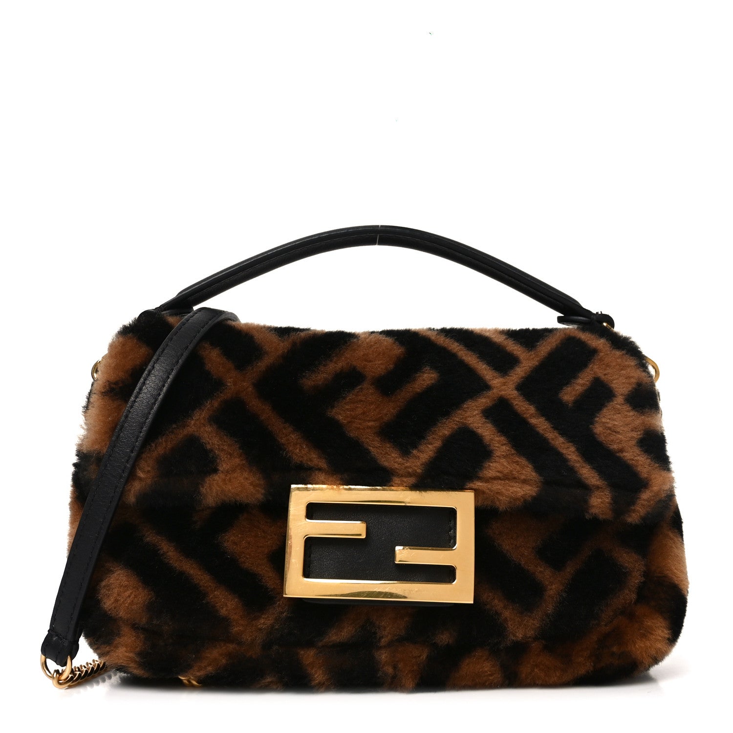 Shearling Vitello Dolce Macro FF 1974 Mini Baguette Tobacco Black