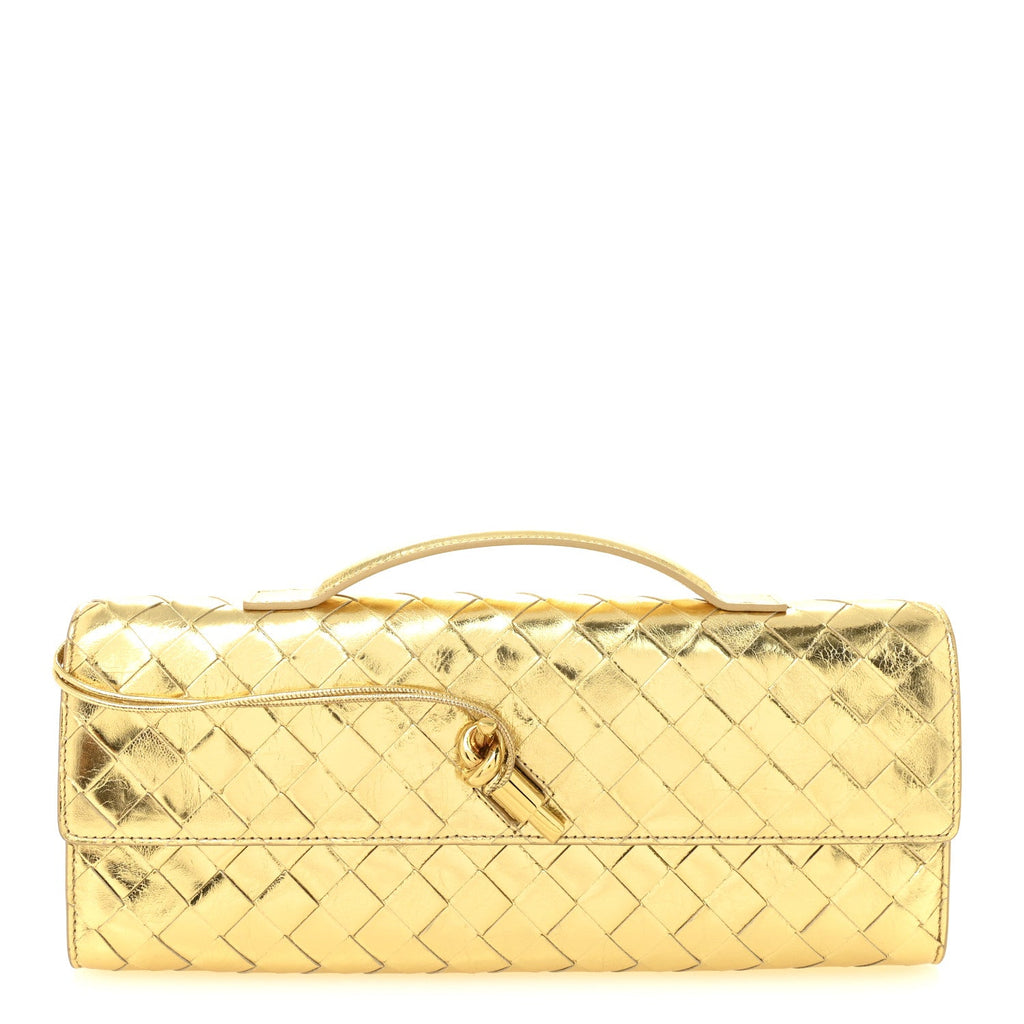 Metallic Lambskin Intrecciato Long Andiamo Top Handle Clutch Gold