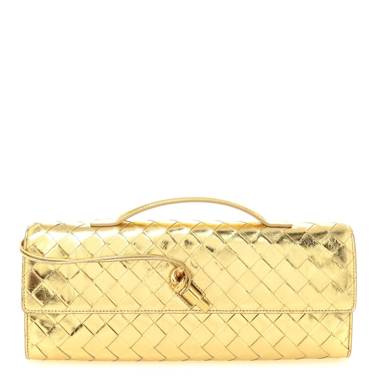 Metallic Lambskin Intrecciato Long Andiamo Top Handle Clutch Gold