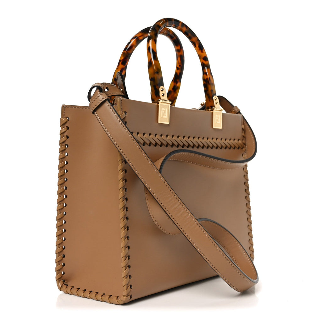 Vitello King Ceylon Plexiglass Woven Logo Debossed Small Fendi Sunshine Shopper Tote Miele Scuro