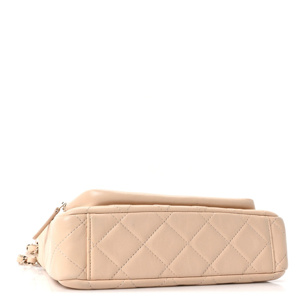 Shiny Crumpled Lambskin Quilted Small Preppy Pocket Clutch With Chain Beige