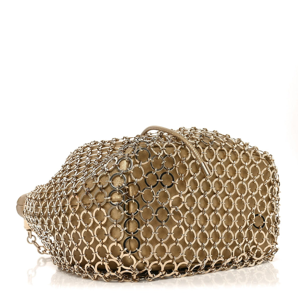 Metallic Calfskin Mesh Long Chain Bucket Bag Gold
