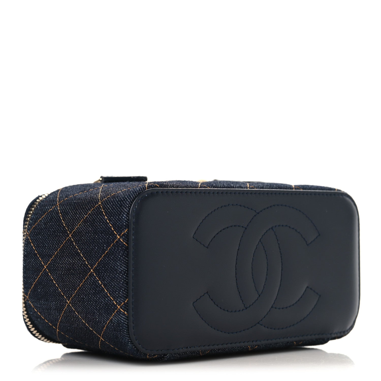 Denim Quilted Vanity Case With Chain Dark Blue