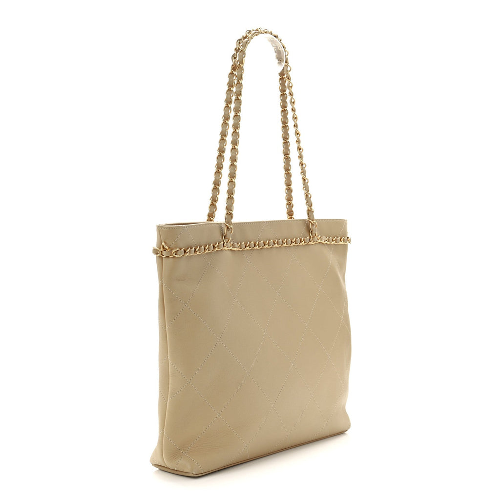 Calfskin Stitched Small Shopping Tote Dark Beige