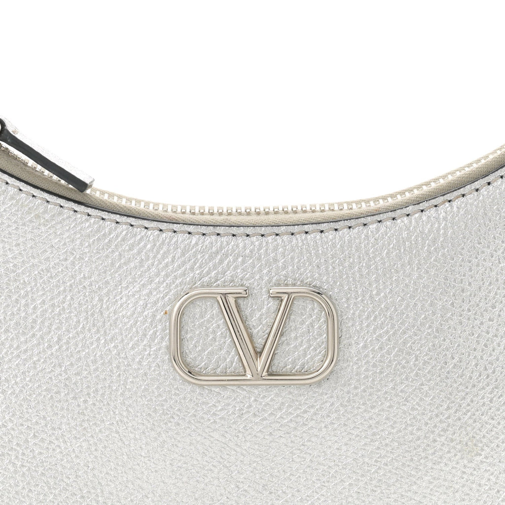 Metallic Grainy Calfskin Mini Vlogo Hobo Bag Silver