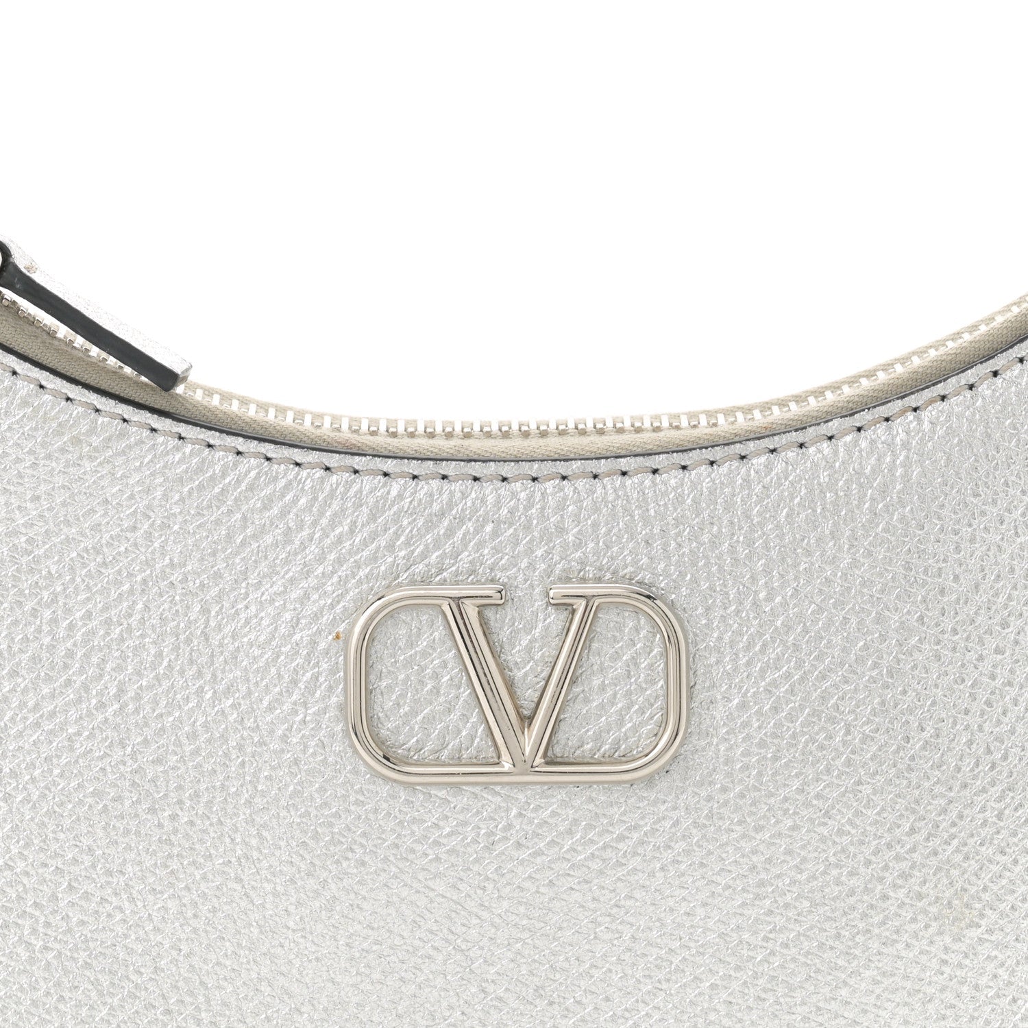 Metallic Grainy Calfskin Mini Vlogo Hobo Bag Silver