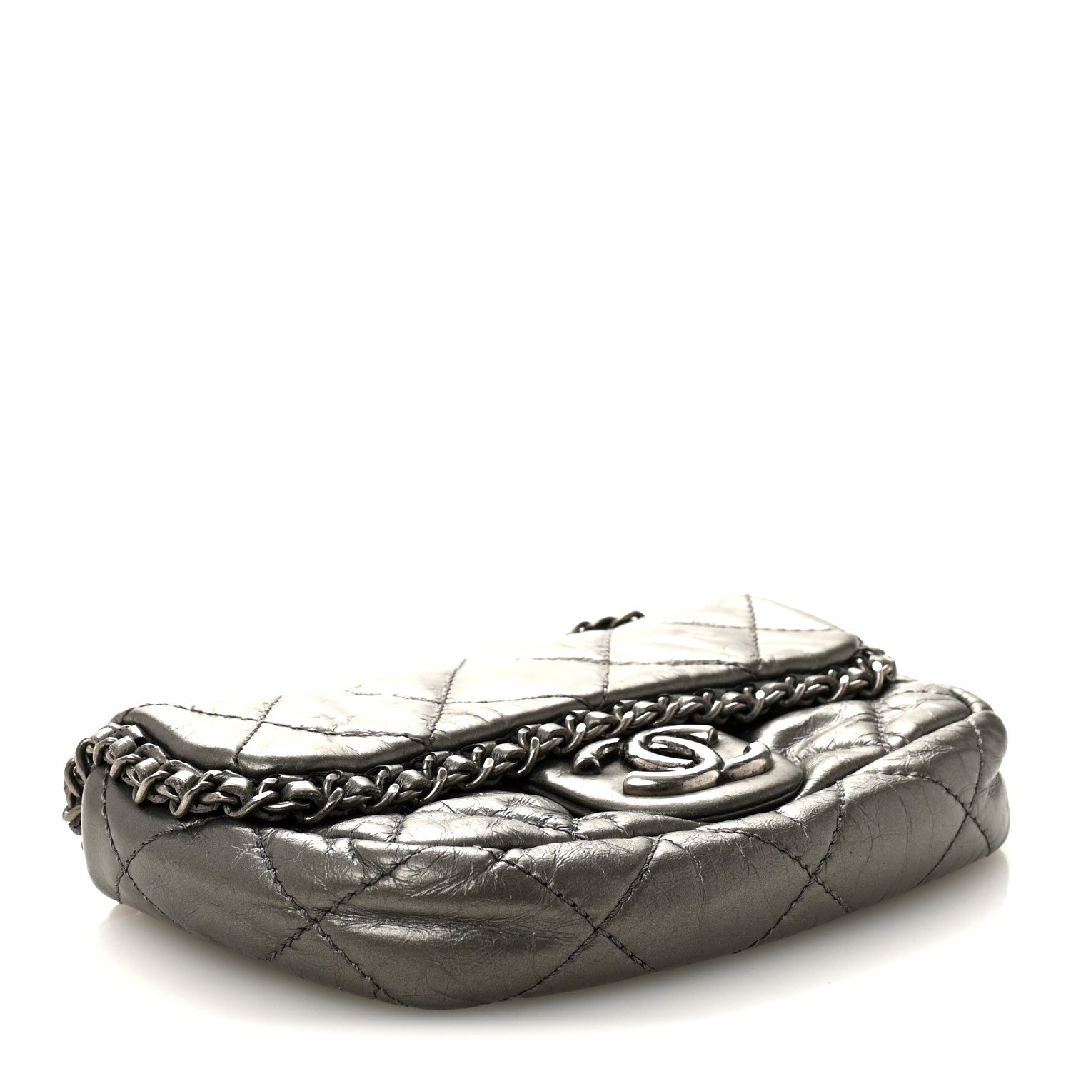 Metallic Aged Calfskin Mini Chain Me Flap Pewter