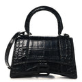 Shiny Calfskin Monochrome Crocodile Embossed Small Hourglass Top Handle Bag Black
