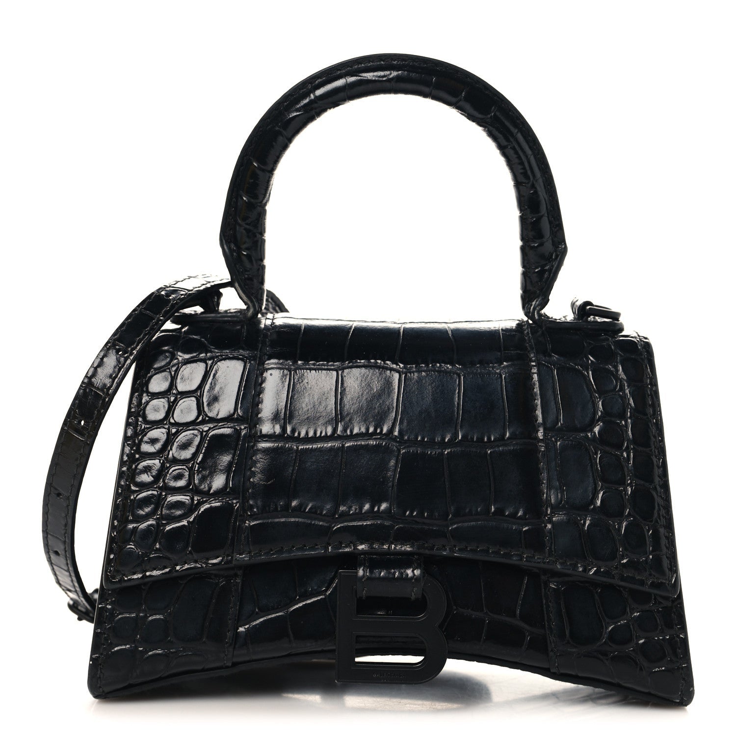 Shiny Calfskin Monochrome Crocodile Embossed Small Hourglass Top Handle Bag Black