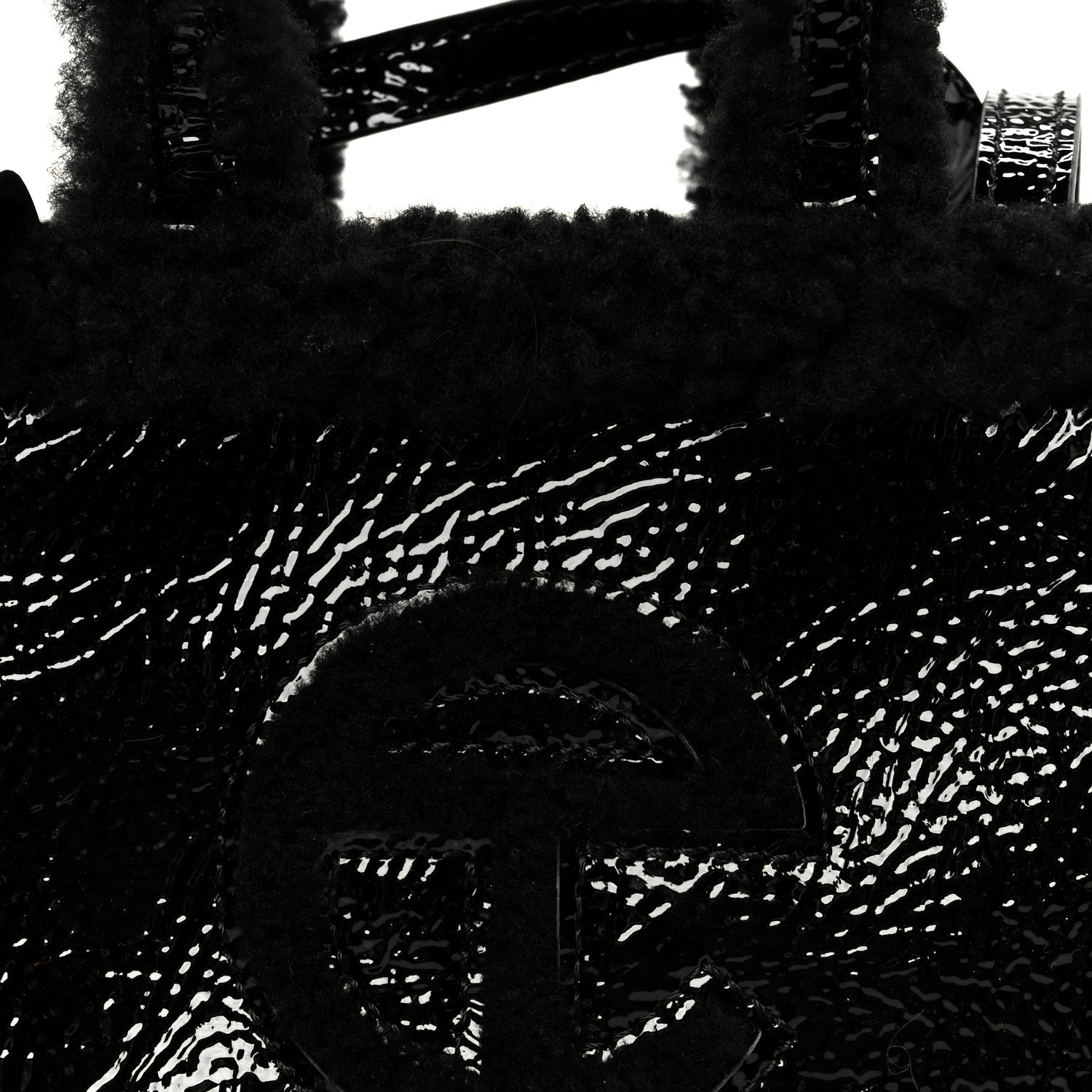 X UGG Crinkle Patent Shearling Small Shopping Bag Black