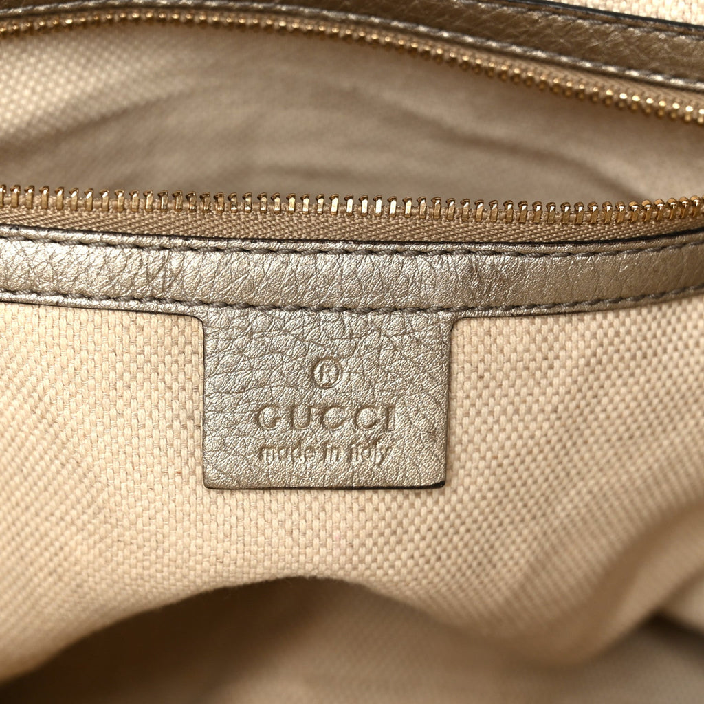 Metallic Pebbled Calfskin Small Soho Top Handle Bag Golden Beige