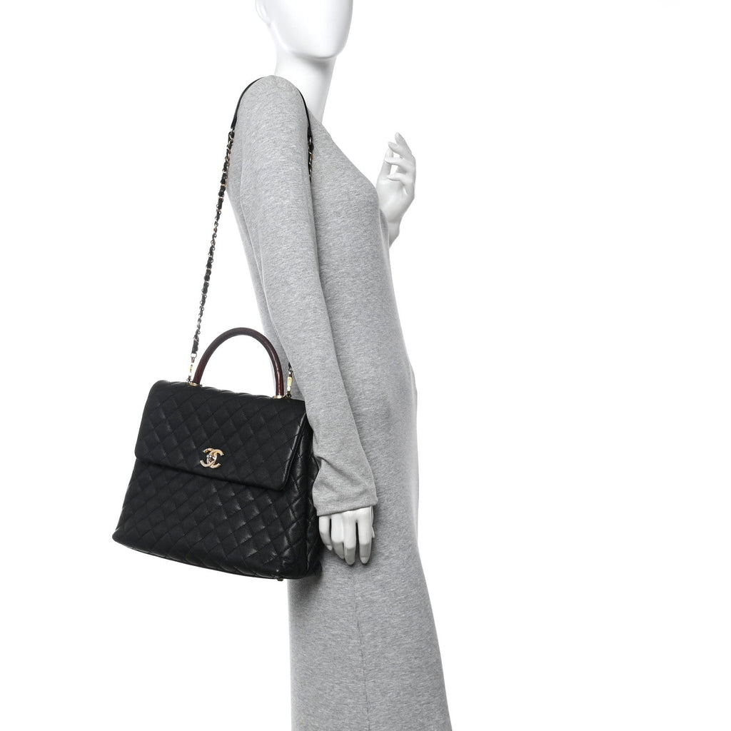 Caviar Lizard Quilted Large Coco Handle Flap Black