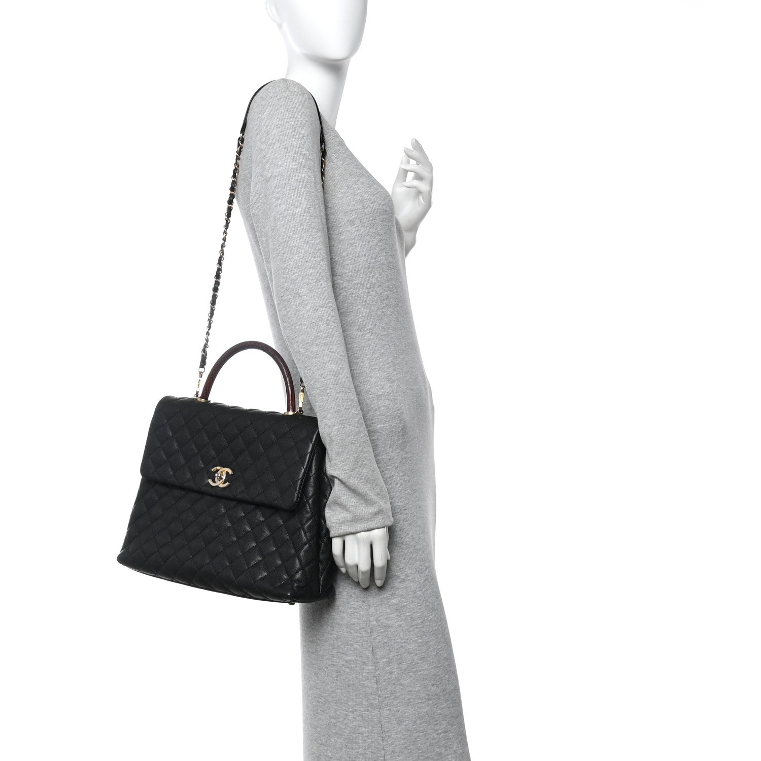 Caviar Lizard Quilted Large Coco Handle Flap Black