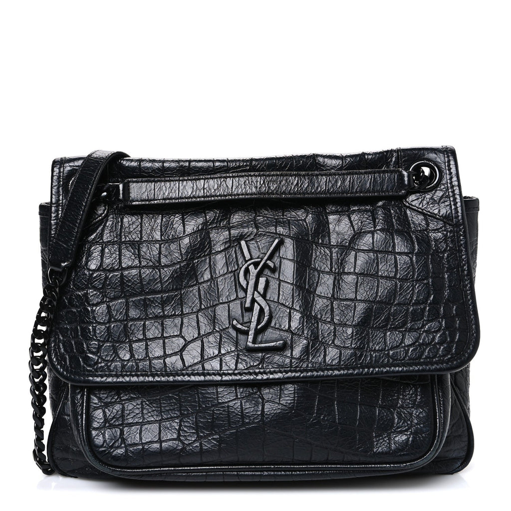Crocodile Embossed Lambskin Monogram Medium Niki Chain Satchel Black