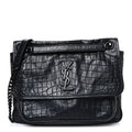 Crocodile Embossed Lambskin Monogram Medium Niki Chain Satchel Black