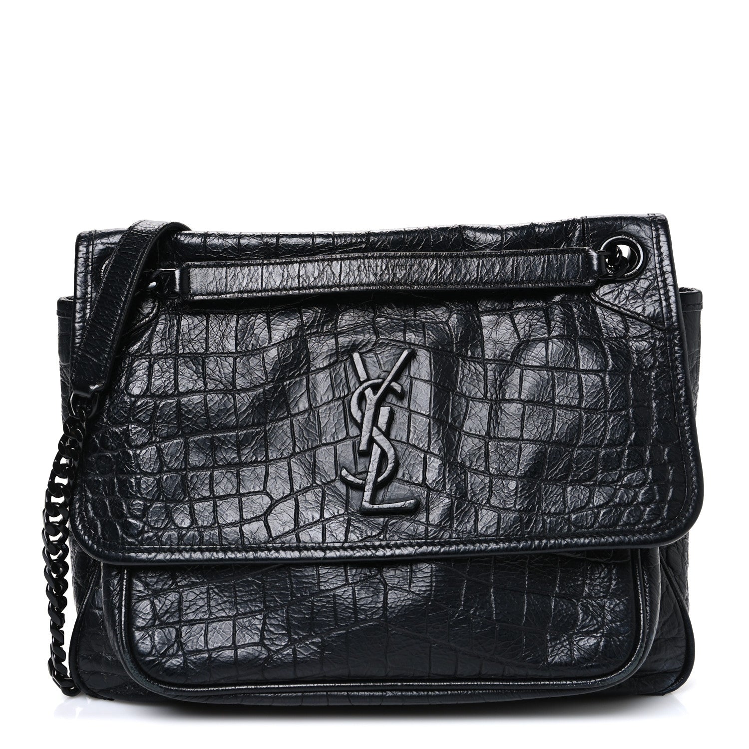 Crocodile Embossed Lambskin Monogram Medium Niki Chain Satchel Black