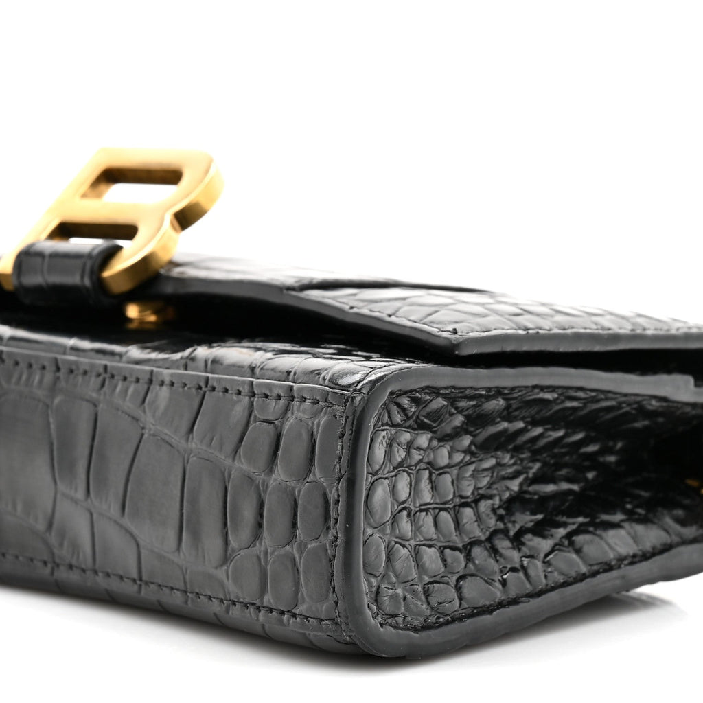 Shiny Calfskin Crocodile Embossed Hourglass Chain Bag Black