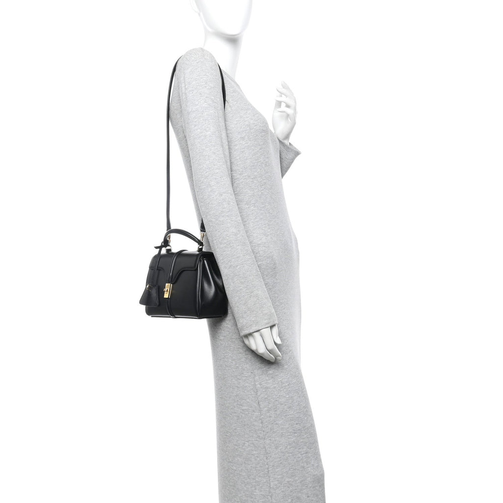 Satinated Calfskin Mini 16 Top Handle Bag Black