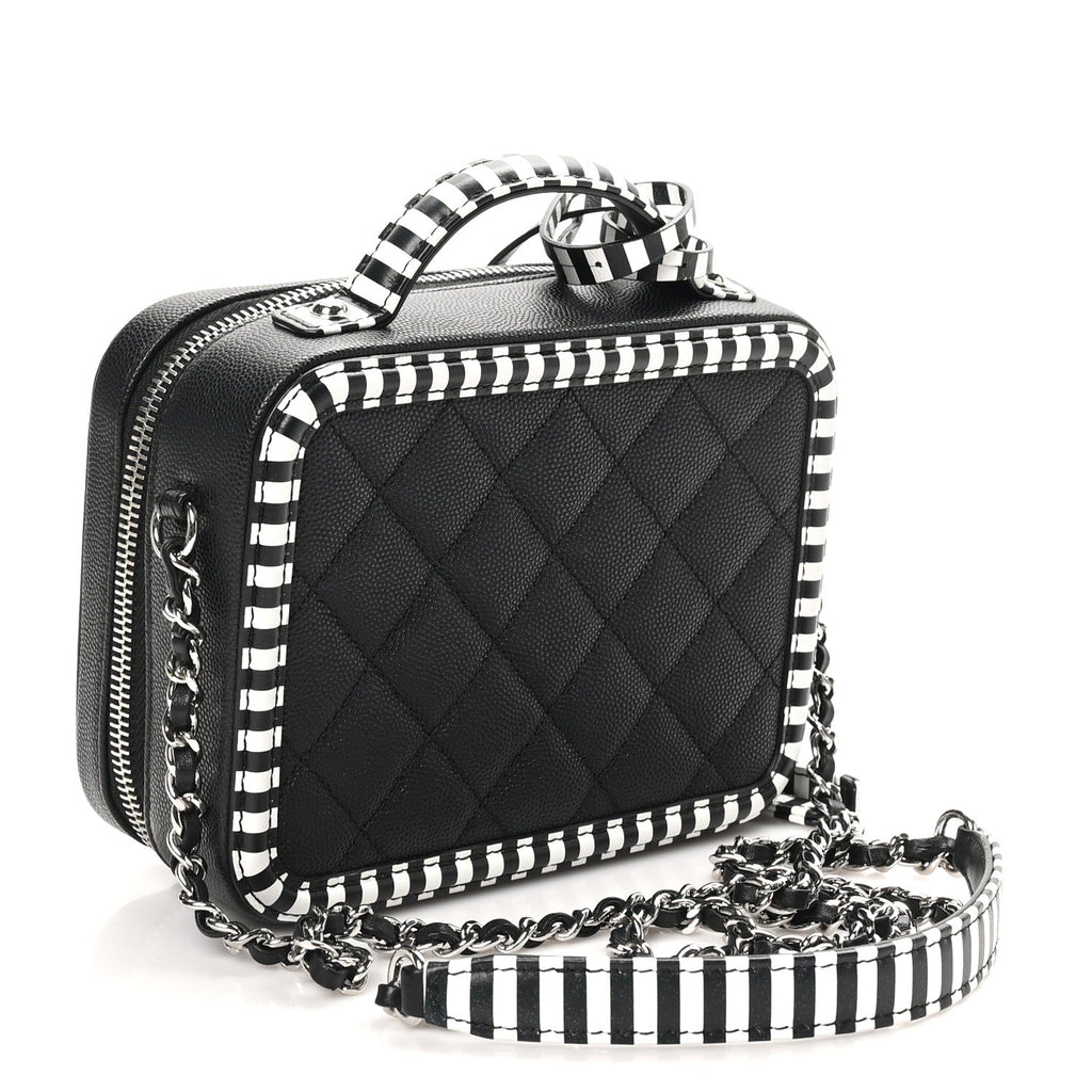 Caviar Quilted Striped Small CC Filigree Vanity Case Black White